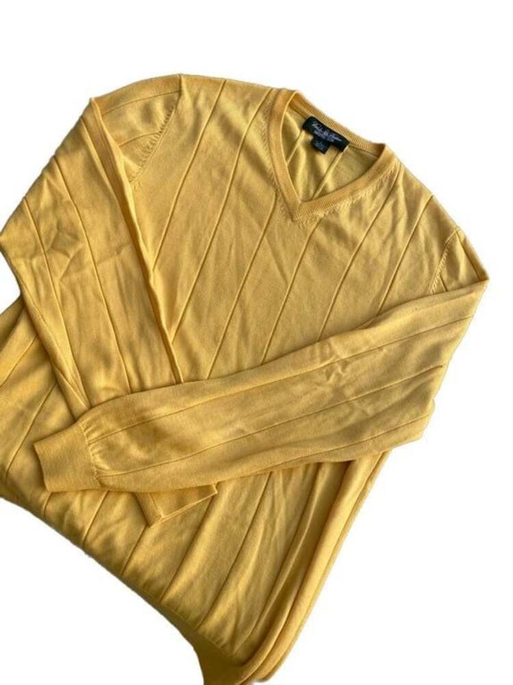 Brooks Brothers Men's Large Yellow Long Cuffed Sleeve Lux Cotton V-Neck Sweater
